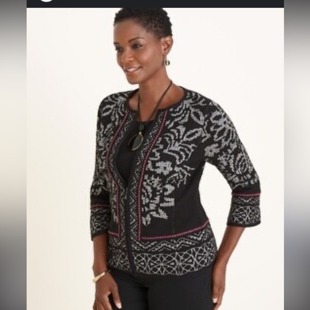 Chicos Jacquard structured black and pink design zip up cardigan jacket